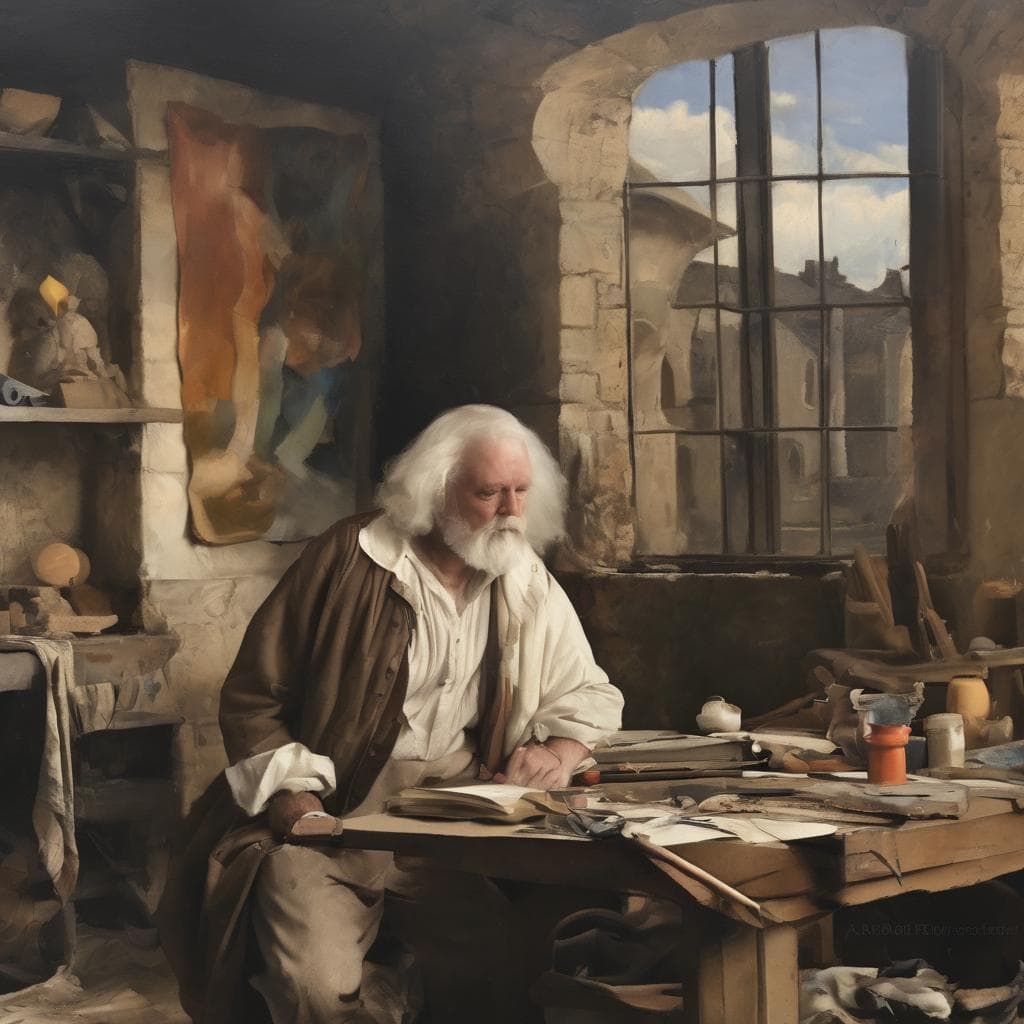 Επιστήμονας και καλλιτέχνης σε εργαστήριο τέχνης και πολιτισμού, περιτριγυρισμένος από έργα και εργαλεία, μέσα σε ιστορικό χώρο με μεγάλα παράθυρα και φέροντα τοίχους.