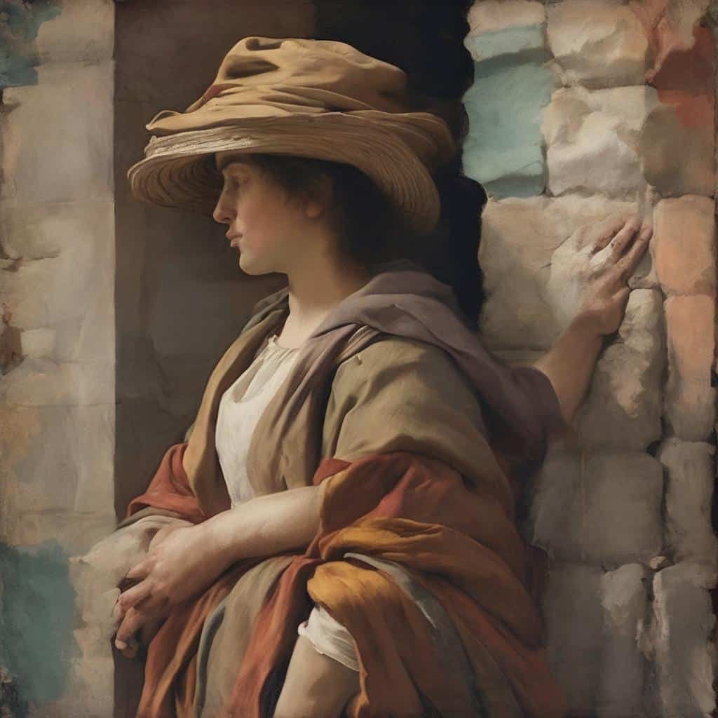 Εξαιρετική ζωγραφική με γυναίκα σε παραδοσιακή ενδυμασία και καπέλο, που στηρίζεται σε τοίχο από πέτρα, αποπνέει αίσθηση ιστορίας και πολιτισμού.