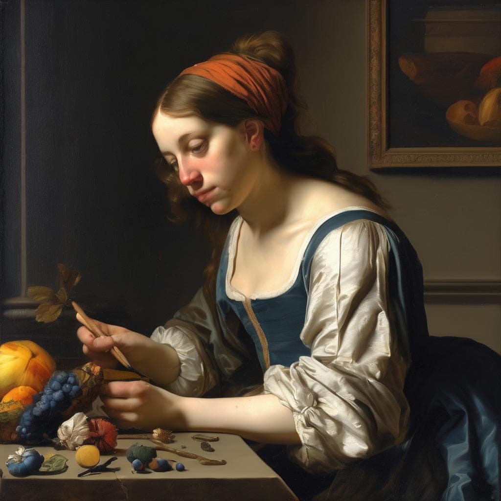 Καλλιτέχνης νεαρή γυναίκα δημιουργεί έργο τέχνης με εγκυρότητα, στυλ και ιστορική αυθεντικότητα, αναδεικνύοντας τη μεγάλη τέχνη και πολιτισμό.