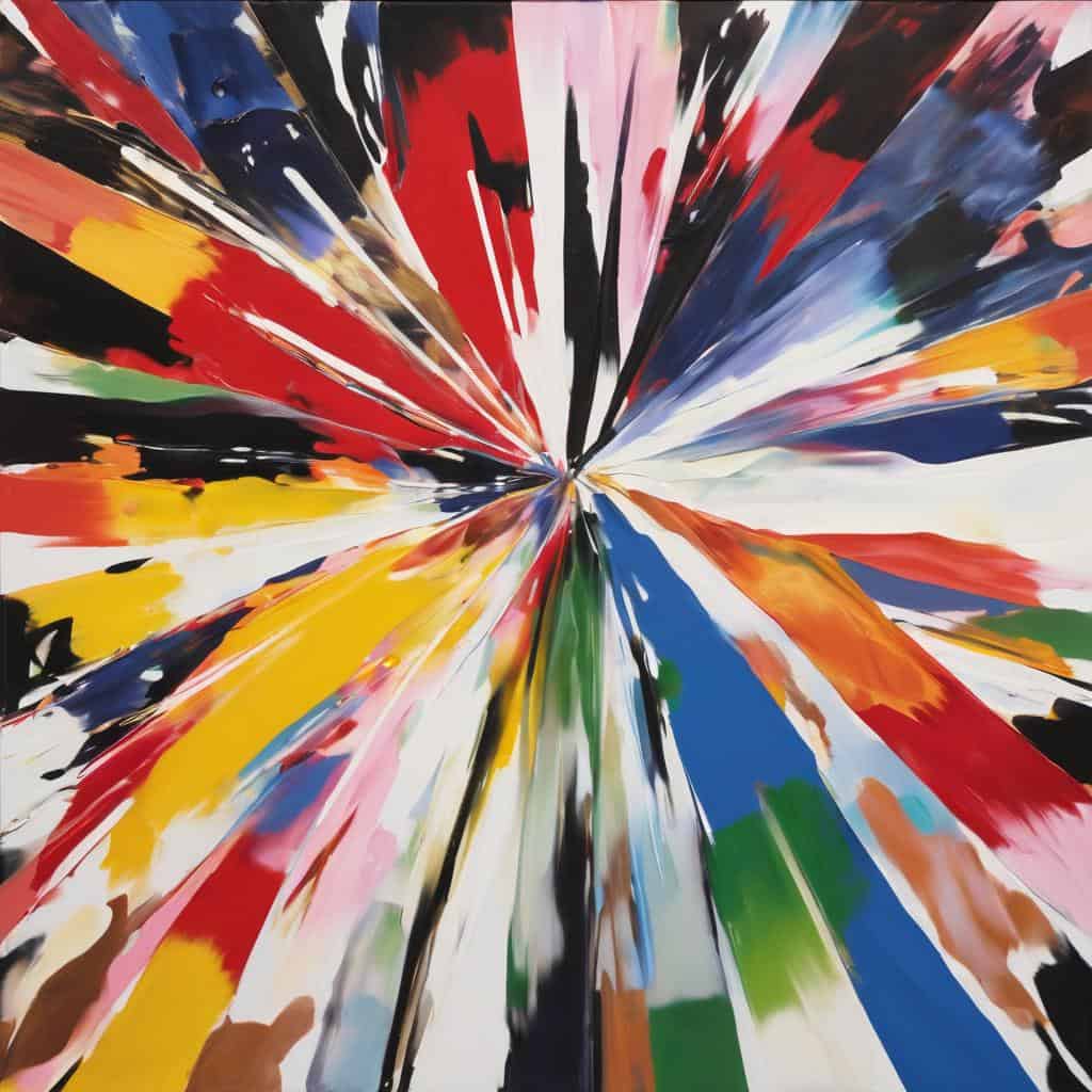 Ζωγραφιά αφηρημένου στυλ με έντονα χρώματα και δυναμικές πινελιές, εμπνευσμένη από την τέχνη και τον πολιτισμό, δημιουργώντας ένα μοναδικό έργο τέχνης που εκπέμπει ενέργεια και συναίσθημα.