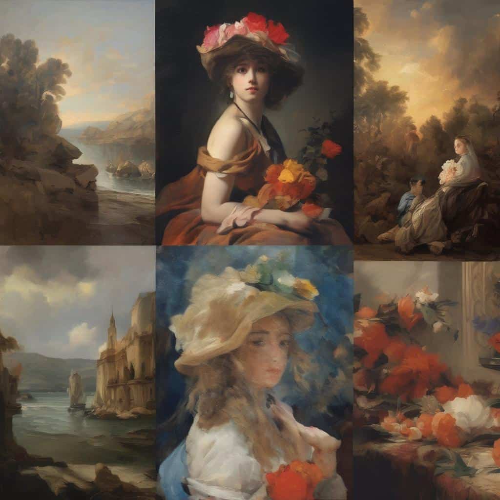 Ουράνιο τοπίο με ρευστές αποχρώσεις, δημιουργώντας μια προσωπογραφία γυναίκας με καπέλο και λουλούδια, υπενθυμίζοντας την κλασική τέχνη και το ρομαντισμό.