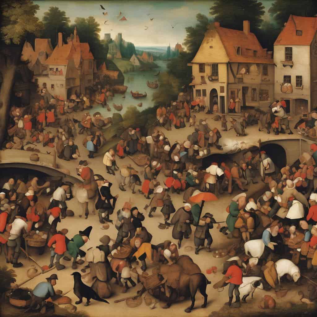 Συναισθηματικό πίνακα με πολύβουη αγορά σε μια ιστορική ευρωπαϊκή πόλη, με γεμάτα κτήρια, ποτάμια και ανθρωπογύρι.