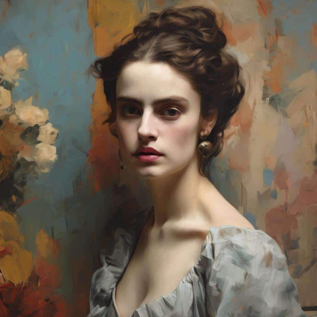 Φωτογραφία μιας νεαρής γυναίκας με σγουρά καστανά μαλλιά και γυαλιστερά σκουλαρίκια σε μια καλλιτεχνική, ζωγραφική σύνθεση με έντονες χρωματικές αποχρώσεις.